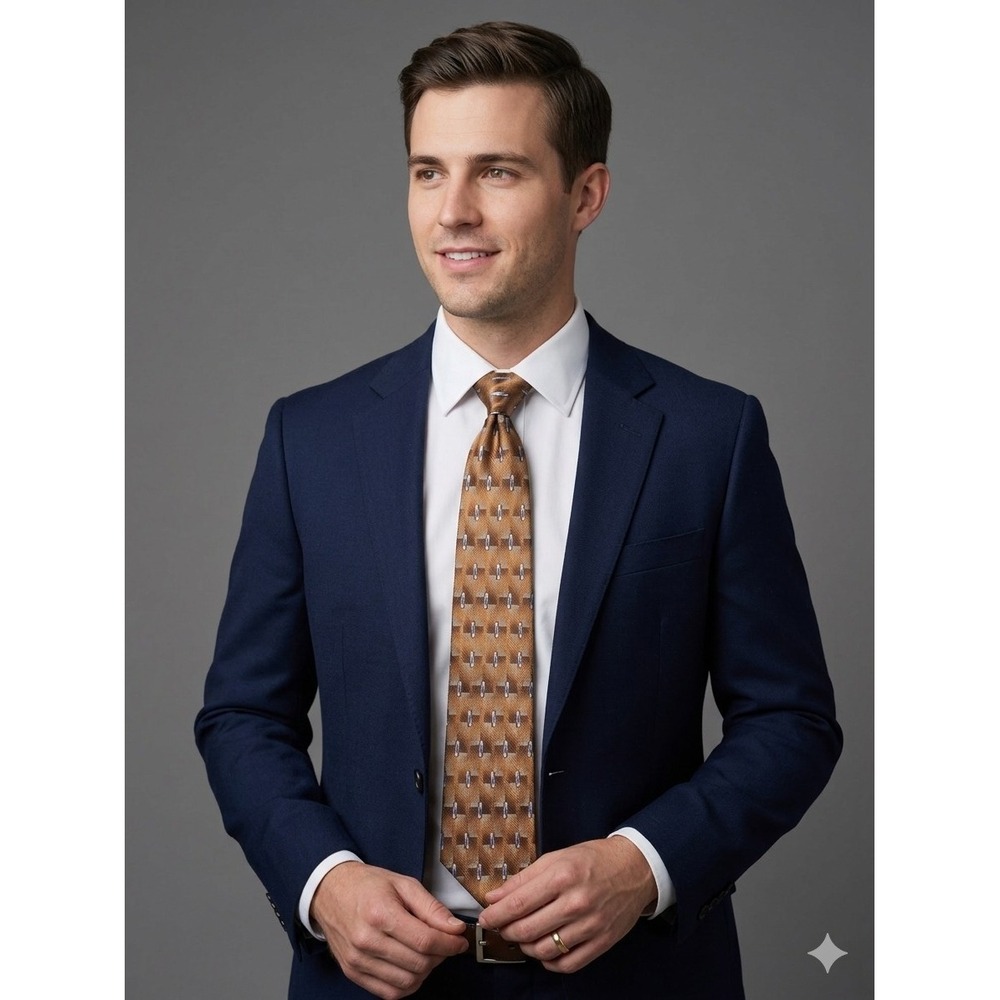 Handmade Men's Bronze Tan Geometric Abstract Silk Tie Blue White Professional
